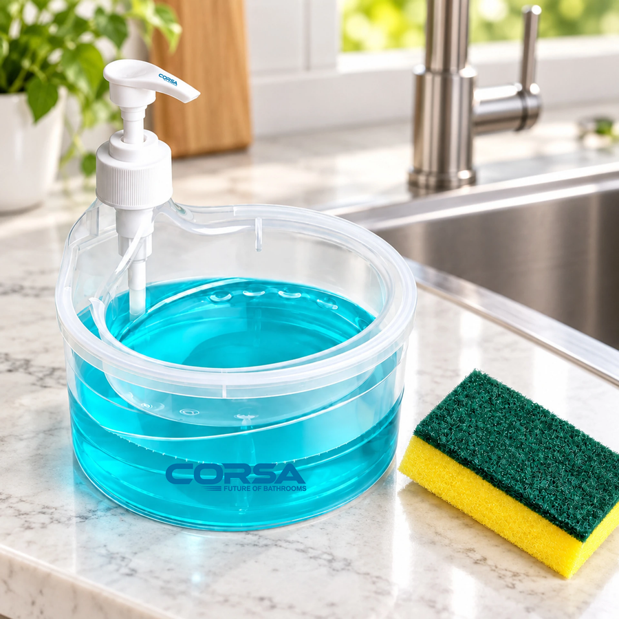 CORSA 2-in-1 Dish Soap Dispenser with Sponge Holder | Transparent Kitchen Sink Organizer